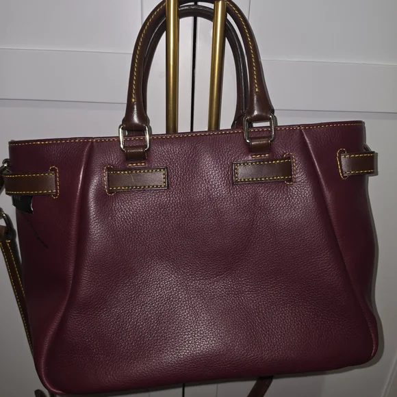 Dooney & Bourke Merlot Leather Satchel with Brown Trim and Yellow Stitching - Picture 3 of 6